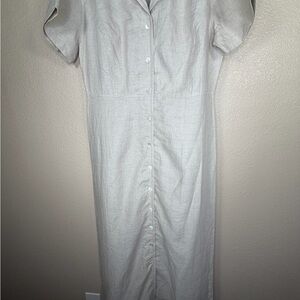 Eddie Bauer Beige 100% Linen Midi Dress Button Front Short Sleeve
